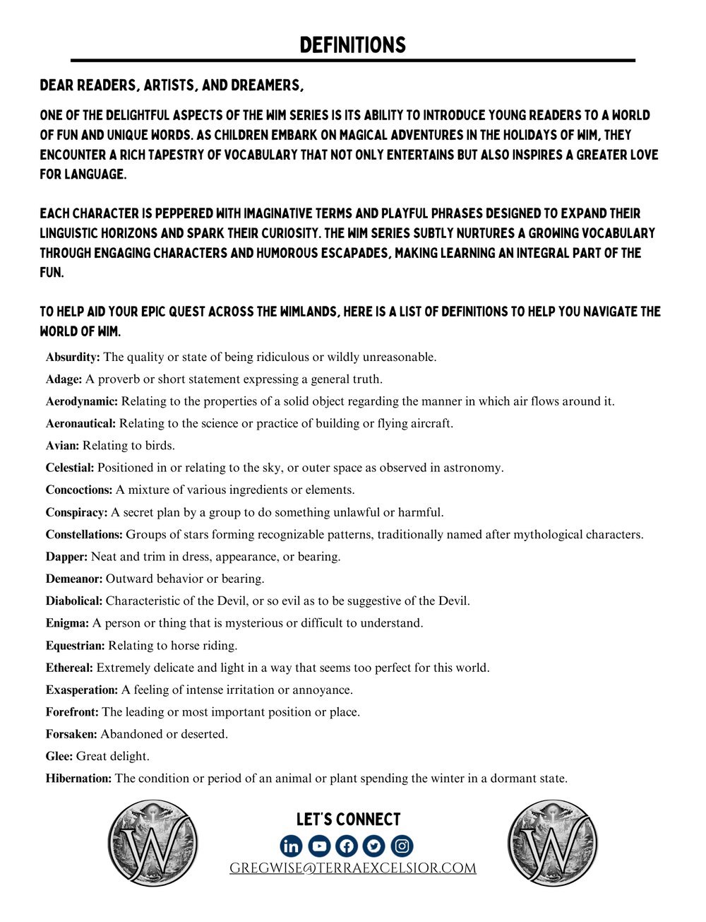 A real vocabulary definitions page from Holidays of Wim, listing words and their meanings that children learn while coloring and reading
