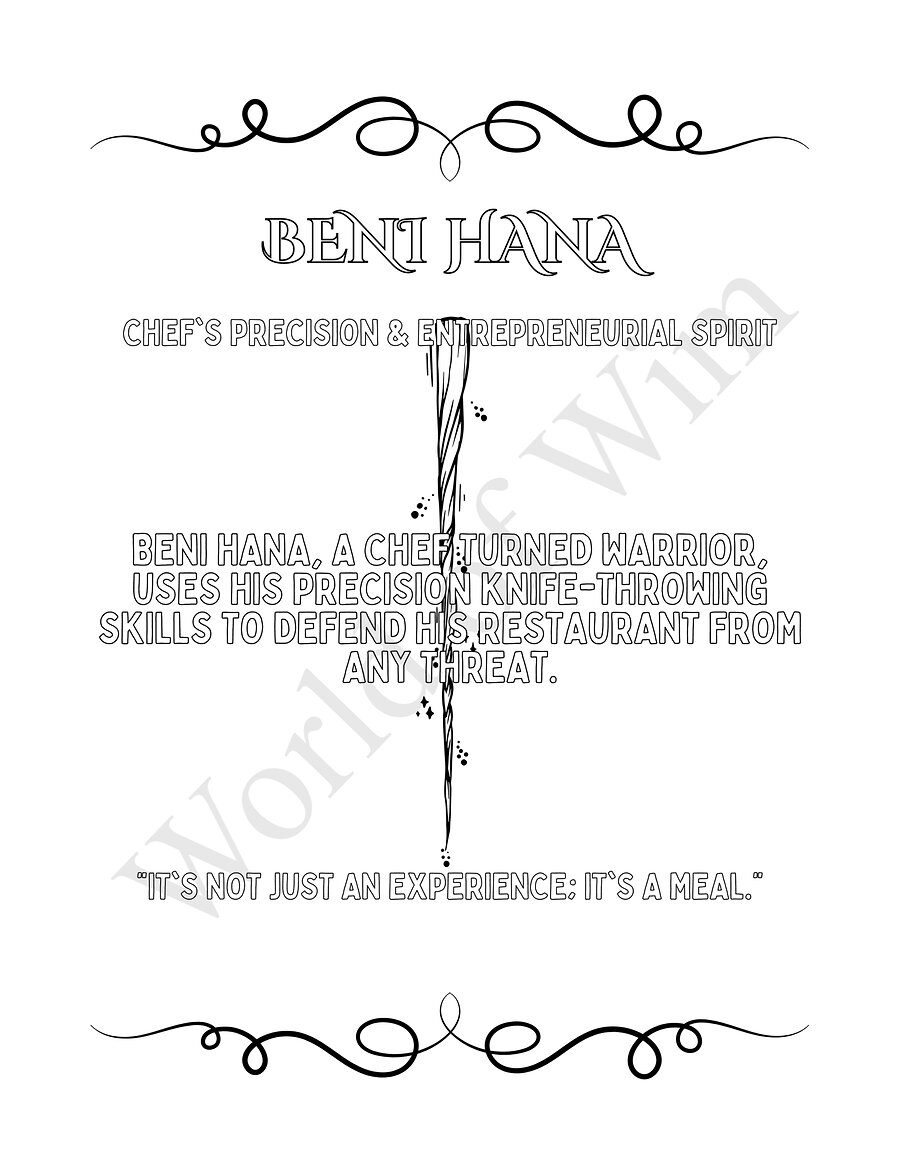 Meet Beni Hana, a chef turned warrior with precise knife-throwing skills — a character story page from Ninjas of Wim