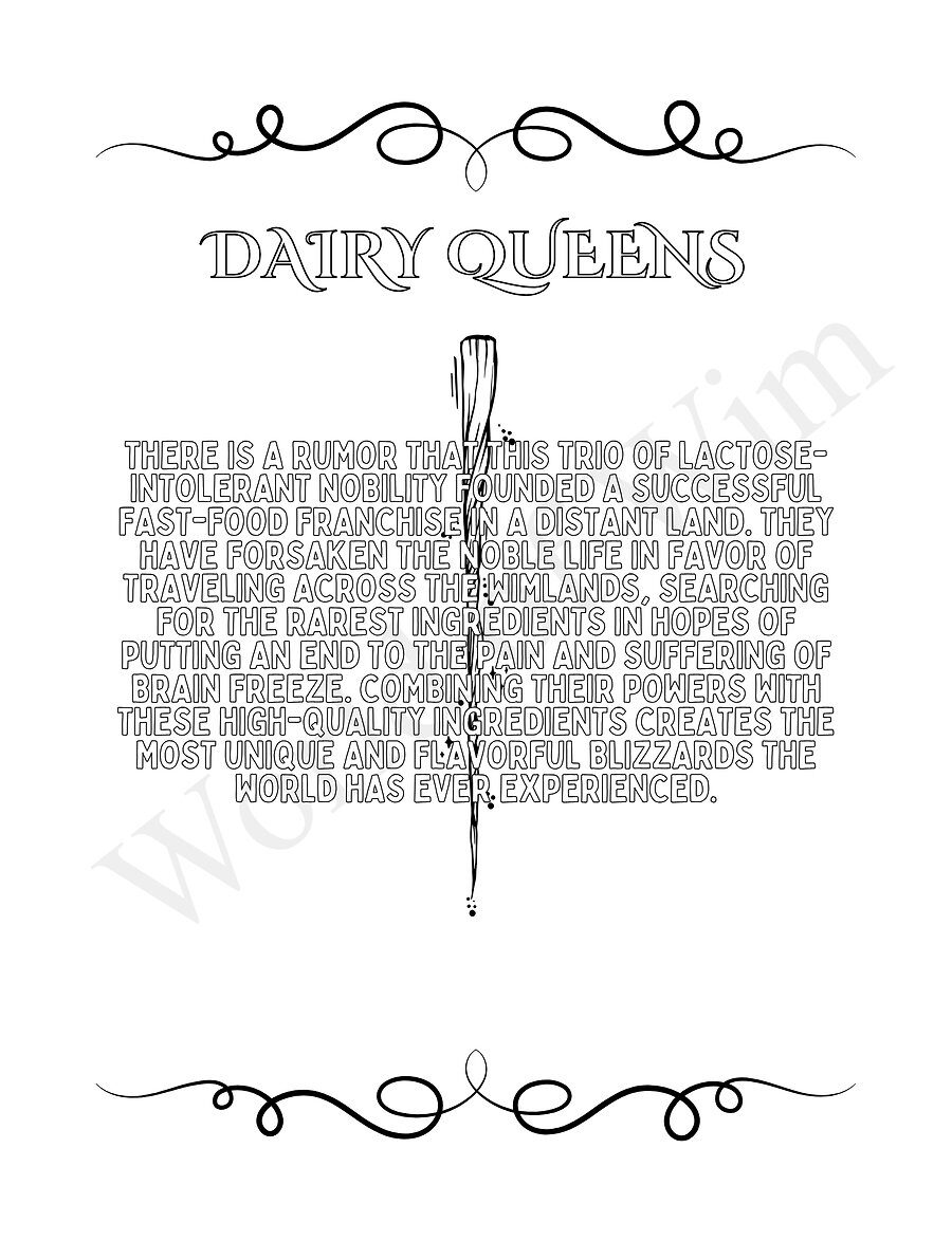 Meet the Dairy Queens, a trio of lactose-intolerant nobility searching the Wimlands for the rarest ingredients — a character story page from Holidays of Wim