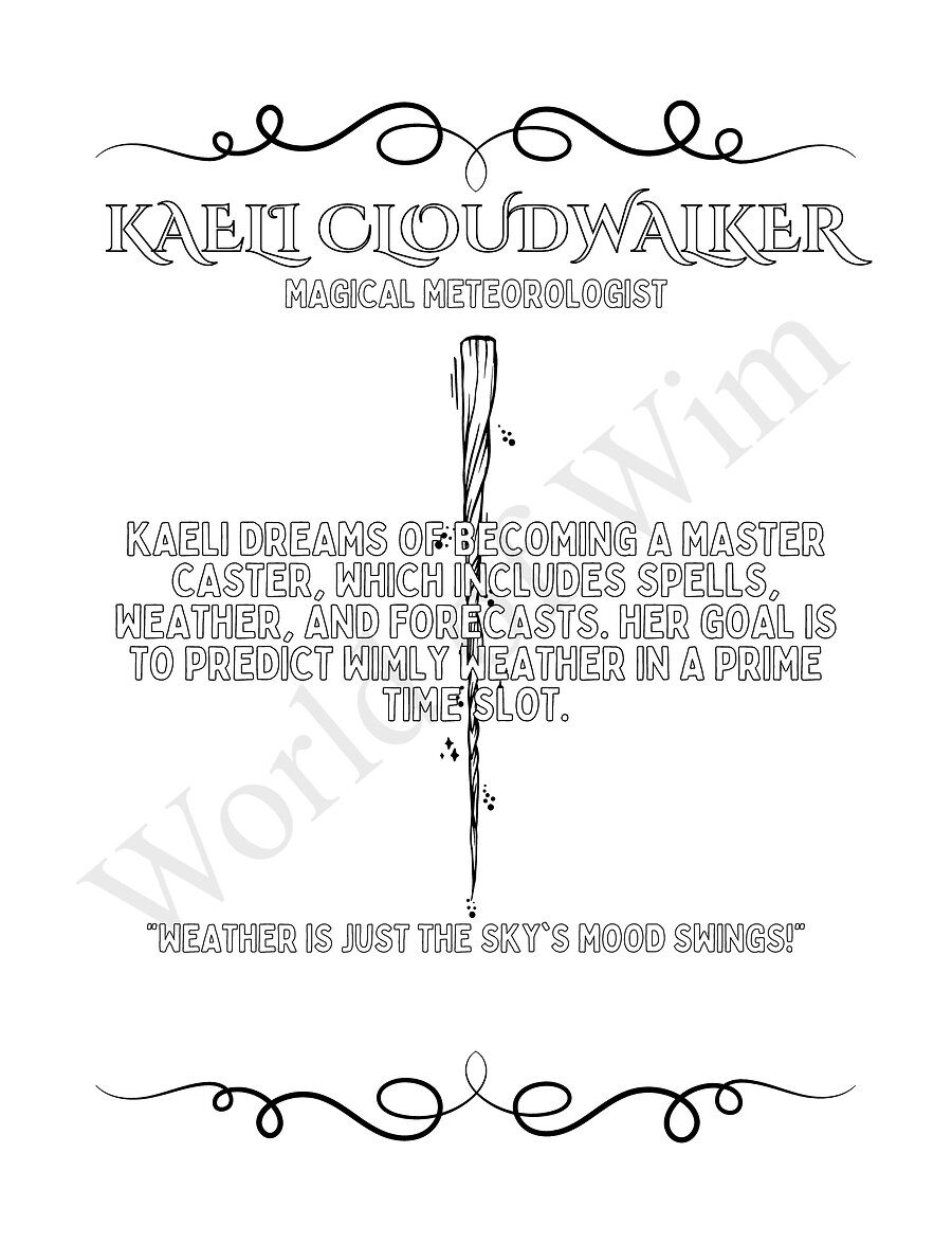 Meet Kaeli Cloudwalker, the magical meteorologist — a character story page from Witches of Wim