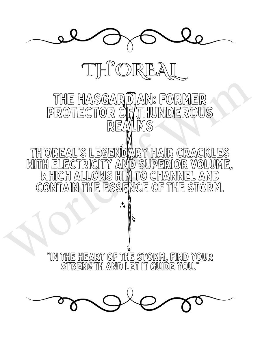 Meet Th'oreal, the Hasgardian and former protector of thunderous realms — a character story page from Wizards of Wim